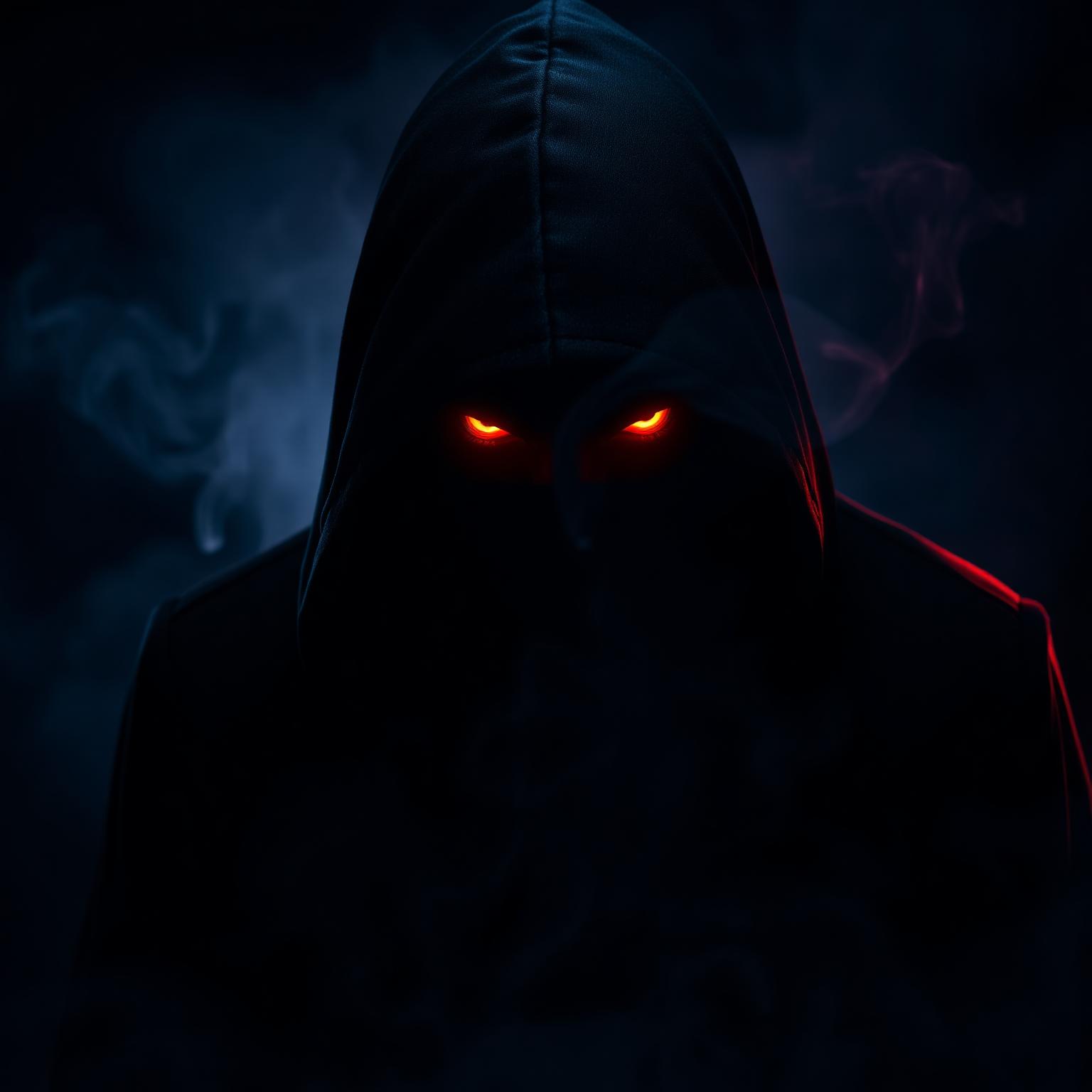 A hooded figure with glowing crimson eyes emerging from shadow